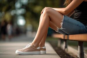 girl legs in the summer park on a bench photo