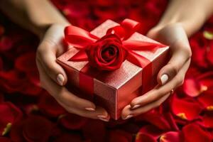 woman holding a gift box with red ribbon on flower background generative ai photo