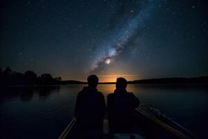 gay date on a boat against the background of the night starry sky photo