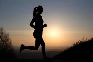 silhouette of a running girl on the background of the evening sunset photo