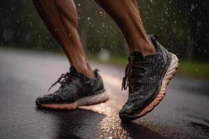 pies en zapatillas corriendo en el lluvia generativo ai foto