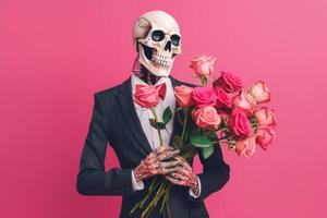 halloween skeleton beauty man with bouquet flowers on pink background photo