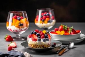 Fruta y baya hielo crema en un vaso generativo ai foto