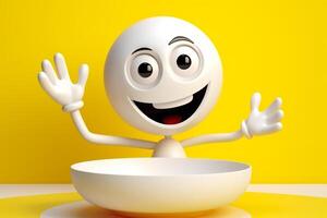 cartoon white character smiling and waving on yellow background with white plate photo