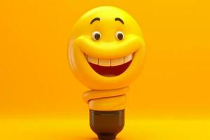 happy yellow light bulb character smile generative ai photo