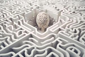 concept idea of creative labyrinth, psychology of philosophy and imagination, human brain and labyrinth, art,  white color generative ai photo