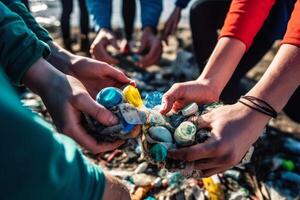 volunteer hand garbage collection on the beach, plastic pollution photo