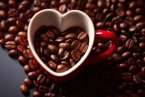 a cup of coffee with a heart and coffee grains on a dark background top view, morning favorite drink photo