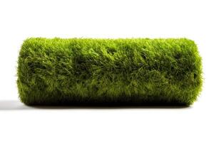 green roll artificial grass on white background photo