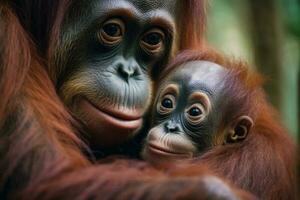 un hembra orangután tiernamente y cuidadosamente abrazos su pequeño cachorro generativo ai foto