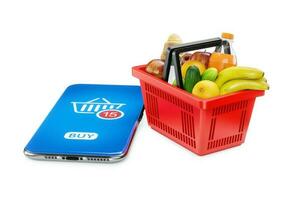 Red shopping basket with fresh food and smartphone. Render 3D. Isolated on white background photo