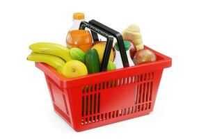 Red shopping basket with fresh food. Render 3D. Isolated on white background photo