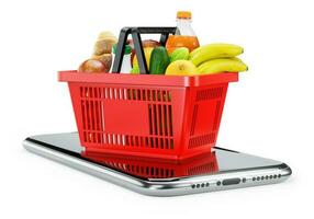 Red shopping basket with fresh food and smartphone. Render 3D. Isolated on white background photo