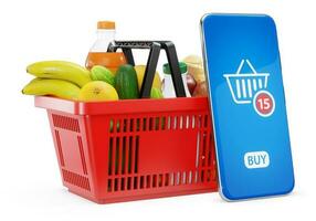 Red shopping basket with fresh food and smartphone. Render 3D. Isolated on white background photo