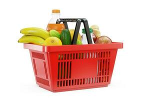 Red shopping basket with fresh food. Render 3D. Isolated on white background photo