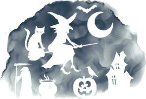 Watercolor Halloween with cat on witch broom , moon and  pumpkin, scary skull in hat, spider on white background vector