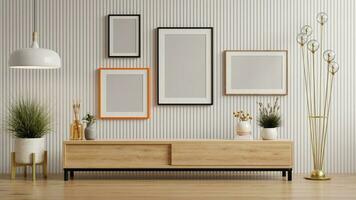 Mockup photo frame wooden slat white wall mounted on the wooden cabinet.