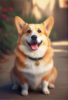 Close-up portrait of dog corgi face in profile. The muzzle of a dog with eyes, pink language, long mustache, black nose. Muzzle of a dog in profile . photo