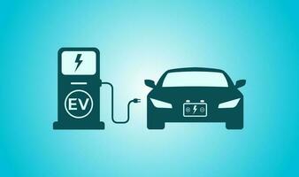 Electric car recharging point, EV charging station, Vector icon isolated on blue background.