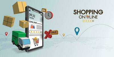 Shopping Online on Mobile application or Website and Delivery. vector