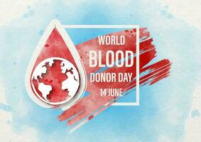 White globe on blood droplet with the day and name of event on red brush and blue background. Poster campaign of World Blood Donor Day in paper cut out and water colors style and vector design.