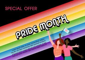 Peoples dancing happily on 7 colors bar of Pride flag with PRIDE MONTH letters and example texts on black background. Poster sale banner of pride month in vector design.