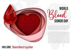 Blood droplets in glass style with wording of blood donor day on abstract shape with red heart in paper cut style and world map pattern white background. vector