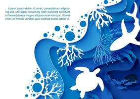 Card and poster scene of under the sea and ocean in layers paper cut style and vector design with white sea turtle and shark, example texts.