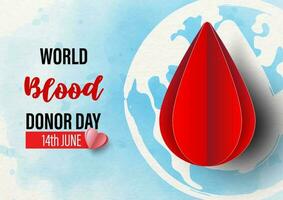 Blood droplet on global and the day and name of event on blue watercolor and white paper background. Poster campaign of World Blood Donor Day in paper cut and watercolor style and vector design.