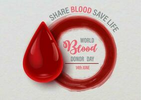 Giant blood droplet in glass glossy style with red circle in watercolor style and wording of world blood donor day on white paper pattern background. vector