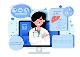 médico en dibujos animados personaje explicando acerca de hepatitis en el computadora pantalla con ejemplo textos en blanco antecedentes. mundo hepatitis días póster Campaña en corte de papel estilo y vector diseño.