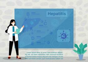 médico en dibujos animados personaje explicando acerca de hepatitis con el gigante computadora pantalla y ejemplo textos en un clínico habitación. mundo hepatitis días póster Campaña en plano estilo y vector diseño.