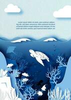 Card and poster scene of under the sea and ocean in layers paper cut style and vector design with white sea turtle and Clownfish, example texts.