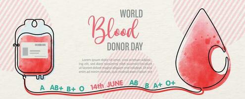 Giant blood droplet with Blood bag in one line style and the day and name of event, example texts on pink background. Poster campaign of world blood donor day in line art and watercolor style. vector