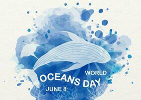 Card and poster of world ocean day with the day and name of event on the scene of under ocean in watercolor style and white paper pattern background. vector
