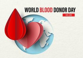 Blood droplet with heart on global and the day and name of event on white paper pattern background with space for texts. Poster campaign of World Blood Donor Day in paper cut and vector design.