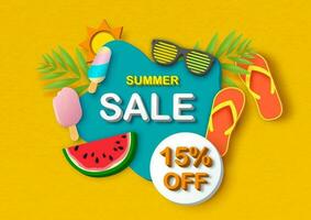 Symbols of summer with sale wording in isometric style isolated on yellow background. vector