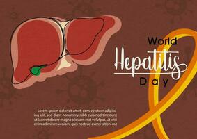 Human liver in one line style with world hepatitis day campaign's wording and example texts on a giant's campaign ribbon and brown background. vector