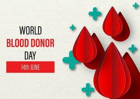 Blood droplet on green plus shape and the day and name of event on white paper background. Poster campaign of World Blood Donor Day in paper cut and and vector design.