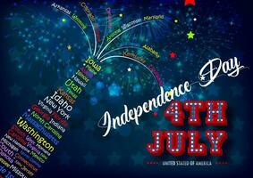 The name of U.S.A city in a champagne bottle shape with the day and name of event on colorful firework and dark blue background. Card and poster of the U.S.A independence day in vector design.