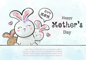 Cute mother bunny and her children in cartoon character and watercolors style with wording of mother's day, example texts on blue background. Mother's day greeting card in watercolors and vector. vector