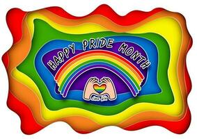 Rainbow colors with happy pride month wording and love sign hand acting in abstract colors fame shape paper cut style and vector design.