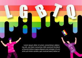 pueblos bailando felizmente en 7 7 colores bar de orgullo bandera con lgbtq blanco letras y ejemplo textos en negro antecedentes. vector