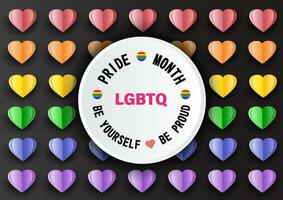 Slogan of pride day and month on white banner and colorful hearts in papercut style isolate on black background. Greeting card and poster of pride month in papercut style and vector design.