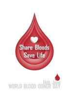 Red blood droplets in paper cut out style with slogan and the day, World Blood Donor Day lettering isolate on white background. Poster of World Blood Donor Day's campaign in vector design