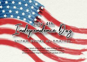 The day and name of event and example texts on the USA flag in watercolors style and white paper pattern background.  Card and poster of the U.S.A independence day in vector design.