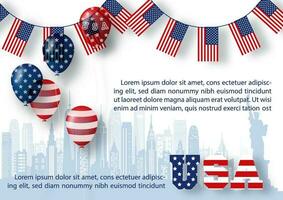 Party balloon with The USA letters, example texts on the U.S.A flags decoration and big city pattern and white background.  Card and poster of the U.S.A independent day in vector design.