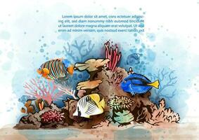 Beautiful marine life with the scene of under ocean coral reef area in watercolor style, example texts on white background. Card and poster of ocean in watercolor style and vector design.