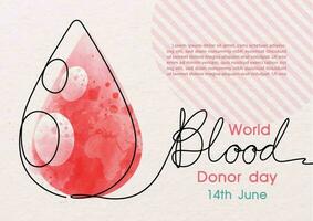 Giant blood droplet with Blood letters in one line style and the day and name of event, example texts on pink background. Poster campaign of world blood donor day in line art and watercolor style. vector