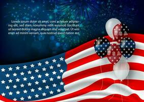 Party balloon with example texts on the U.S.A flags decoration and firework and blue bokeh background.  Card and poster of the U.S.A independent day in vector design.